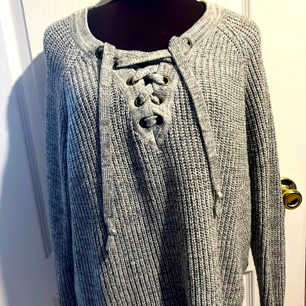 Grey Lace up Sweater